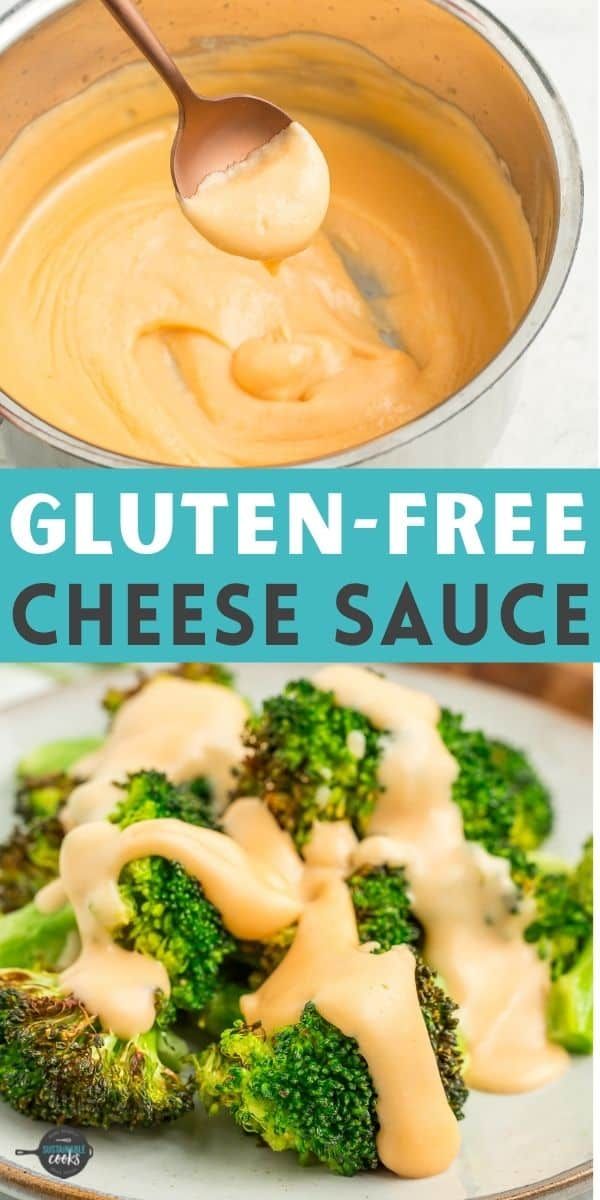 broccoli and cheese sauce on a plate with the title in blue overlay