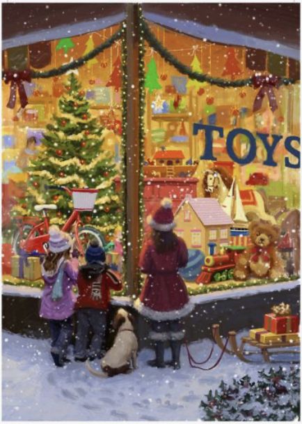 two children and a dog are looking at the christmas tree in front of a toy store