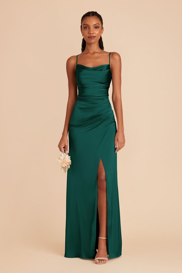 This matte satin cowl neck bridesmaid dress with ultra-glam ruching is ready for her day in the sun. Available in Emerald. A modern mermaid skirt and cool cowl neck join forces to bring you Lydia: a showstopping bridesmaid dress for a glamorous wedding. | Emerald Bridesmaid Dress Matte Satin Size Small | Birdy Grey Lydia Cowl Neck Bridesmaid Dress, Emerald Bridesmaid Dress, Emerald Bridesmaid, Modern Mermaid, Green Satin Dress, Prom Dress Inspo, Emerald Bridesmaid Dresses, Emerald Dresses, Birdy Grey