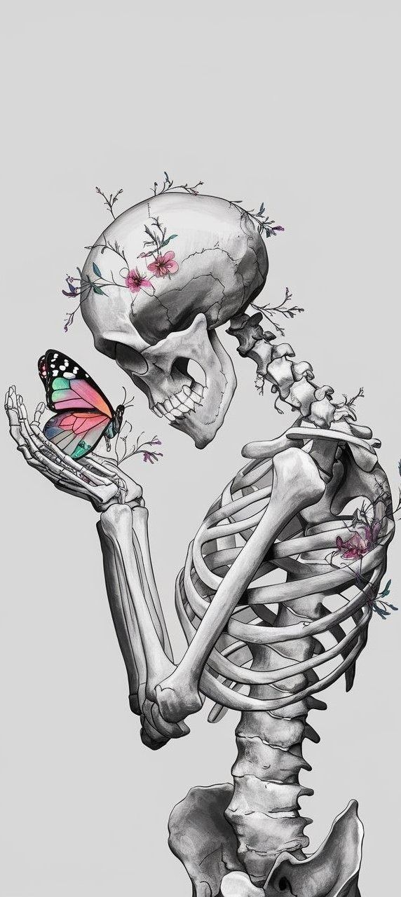 a drawing of a skeleton holding a butterfly