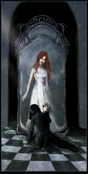 a woman in a white dress standing next to a black dog