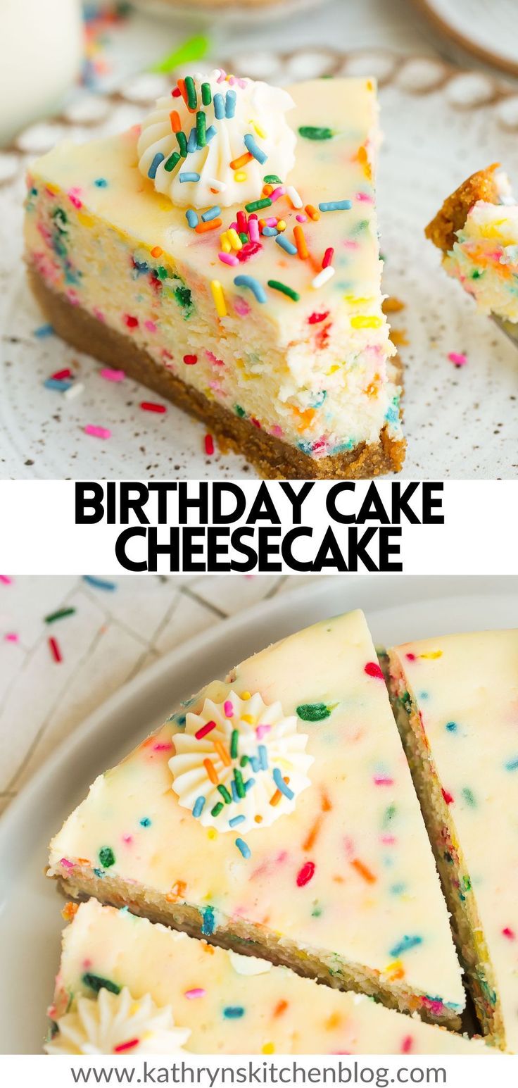 a slice of birthday cake with sprinkles on it and the words happy birthday cake cheesecake