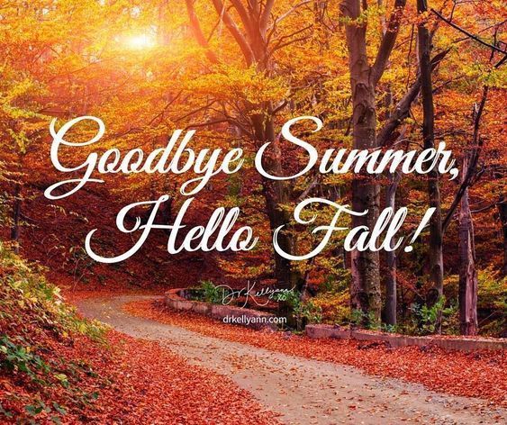 the words goodbye summer hello fall are in front of an autumn forest