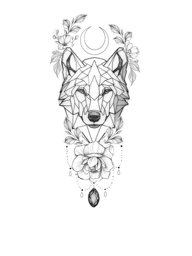 a drawing of a wolf's head with flowers and leaves around it, on a white background