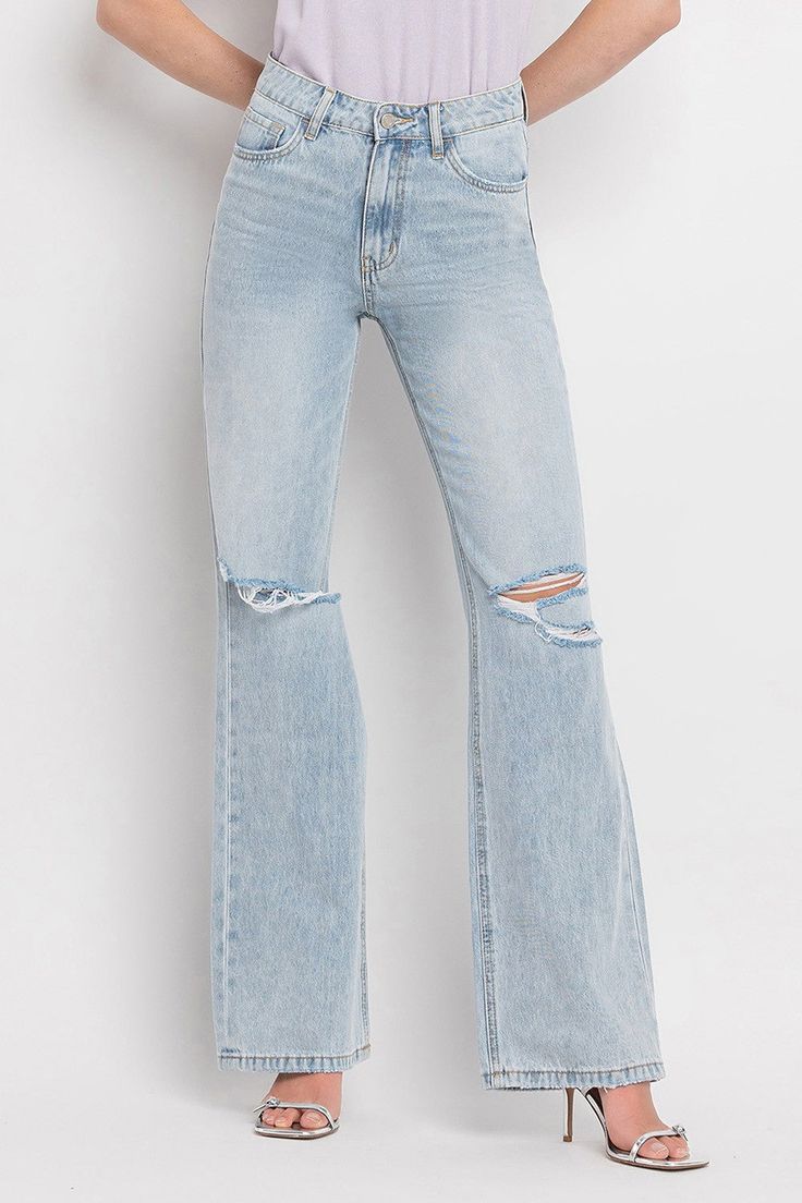 Retro High Waist Light Wash Flare Jeans, Vintage High Rise Blue Flare Jeans, Retro Full-length Light Wash Flare Jeans, Vintage High-rise Blue Flare Jeans, Distressed Light Wash Full-length Flare Jeans, Statement Outfit, Vintage Flare, Cardigan Sweater Coat, Romper And Jacket