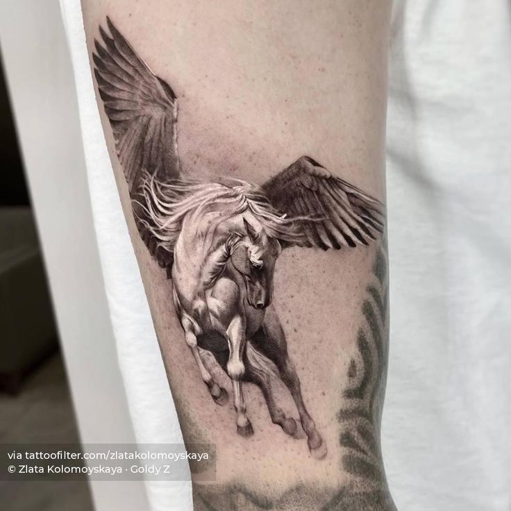 a black and white photo of a horse with wings on its back leg, done by goldy z