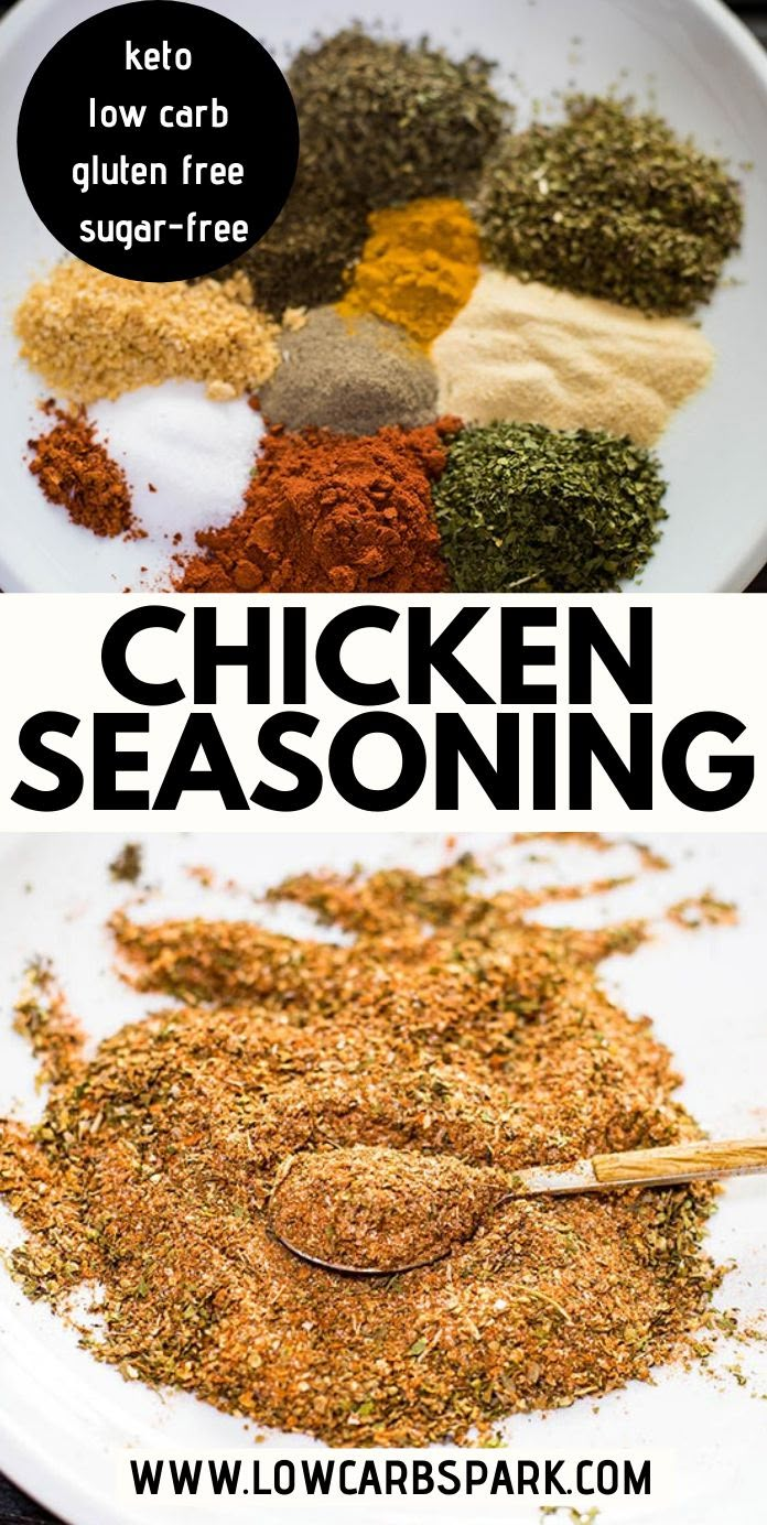 chicken seasoning on a white plate with the words low carb, gluen free sugar - free