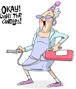 an older woman holding a blow dryer with the words okay light the candles