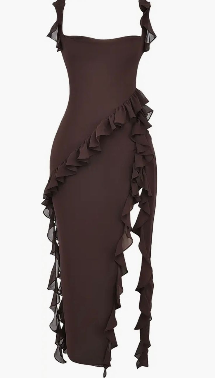 Brown Graduation Dress, Brown Ruffle Dress, Ruffled Midi Dress For Prom, Flowy Party Dress With Ruffled Straps, Long Ruffled Dresses For Night Out, Floor-length Ruffled Midi Dress For Prom, Floor-length Ruffled Midi Prom Dress, Prom Dresses With Ruffled Skirt In Midi Length, Prom Dresses With Ruffled Midi-length Skirt