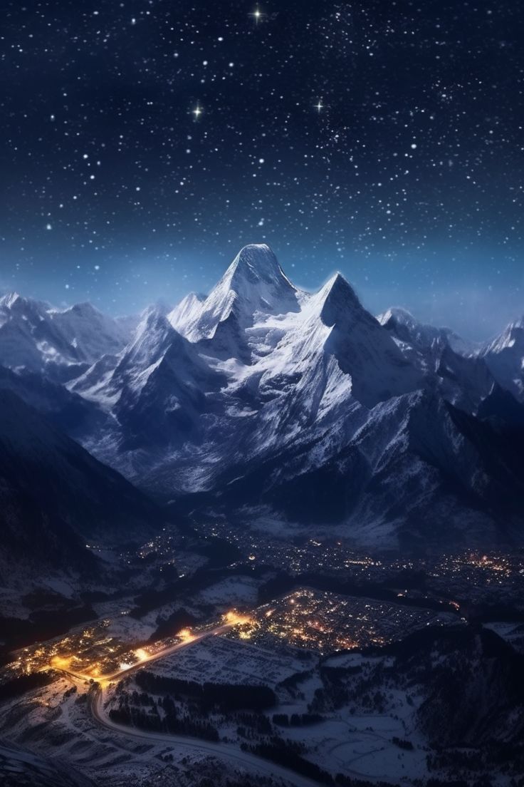 the night sky is full of stars and lights as seen from an airplane in the mountains