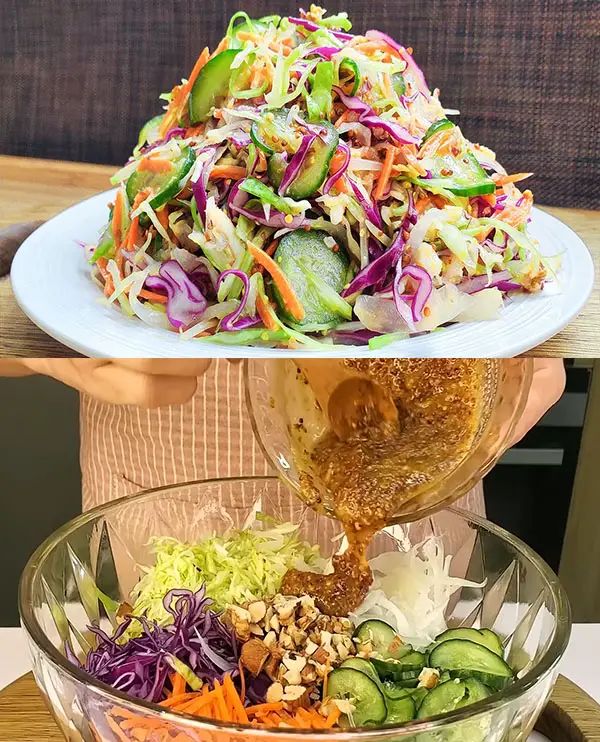 two plates with different types of salads in them, one is being drizzled