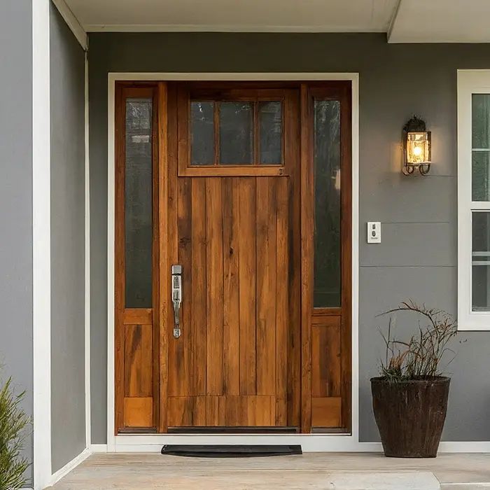 a wooden door on the side of a house with potted plants in front of it