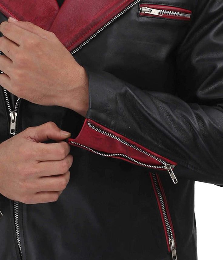 Introducing our striking Leather Moto Jacket Black with a captivating look. This stylish men's jacket showcases a maroon collar, lapels, and trim, adding a unique and exciting look to your ensemble. Crafted from 100% Genuine First Quality Nappa Sheepskin Leather, this moto jacket boasts a smooth and soft texture of magnificent quality. The remarkable craftsmanship is evident in every detail, ensuring a top-of-the-line piece that will exceed your expectations. Featuring a belted waist and shoulde Biker Jacket With Contrast Stitching And Long Sleeves, Fitted Biker Jacket With Contrast Stitching, Winter Biker Outerwear With Contrast Stitching, Fitted Biker Jacket With Contrast Stitching And Long Sleeves, Winter Leather Jacket With Contrast Stitching, Fitted Leather Jacket With Contrast Stitching, Artisan Fashion, Maroon Leather, Leather Skin