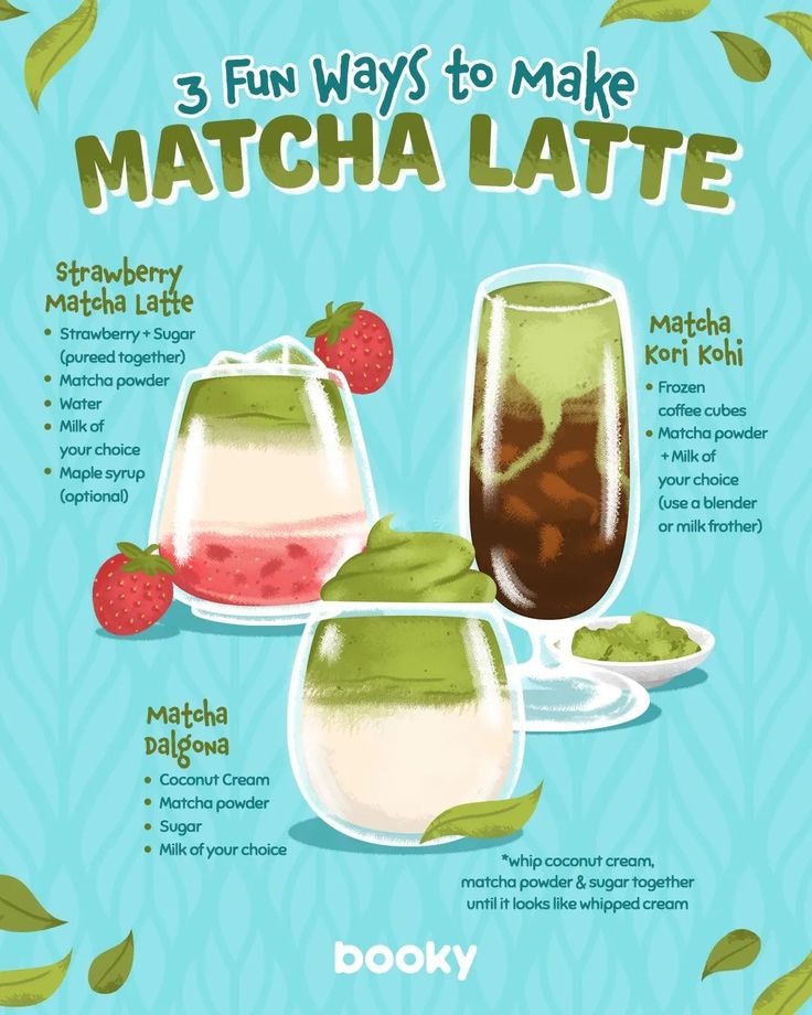 the info sheet for 5 fun ways to make matcha latte, including strawberries and ice cream