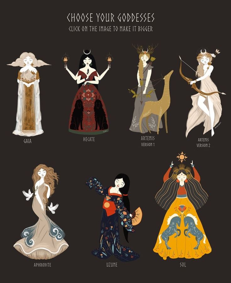 the four goddesss are depicted in different colors and sizes, each with their own name