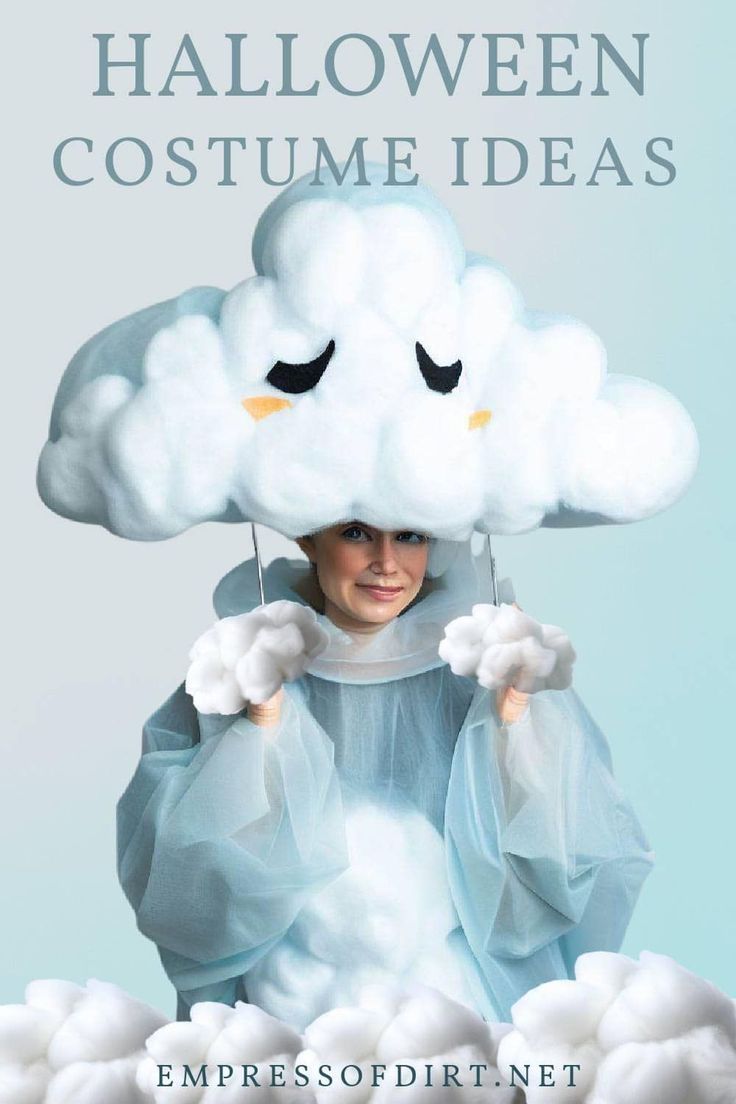 a woman in a cloud costume holding an umbrella over her head with the words halloween costume ideas on it