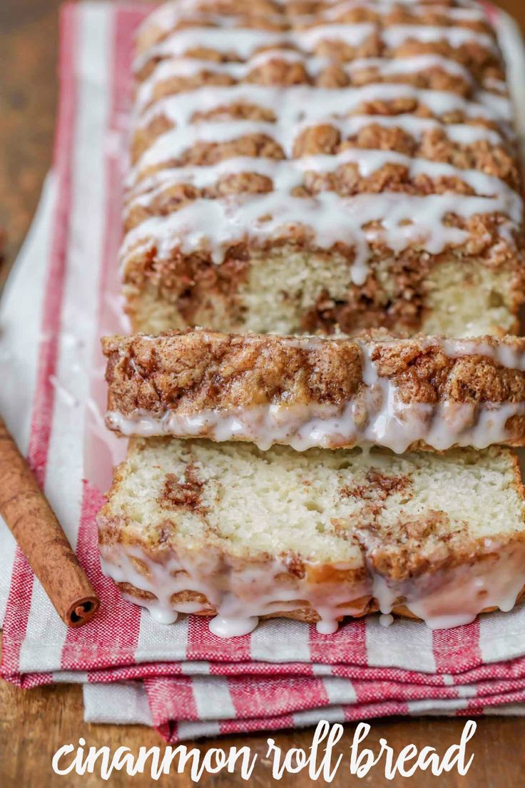 cinnamon roll bread on a red and white towel