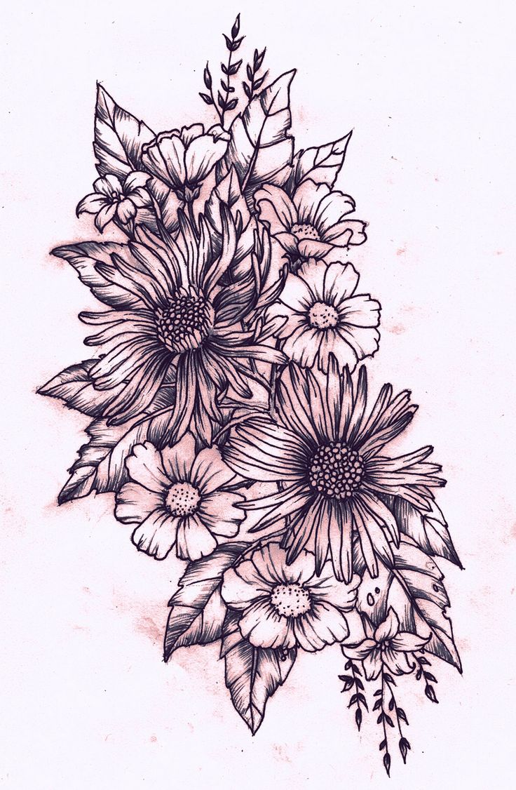 a drawing of flowers with leaves on it