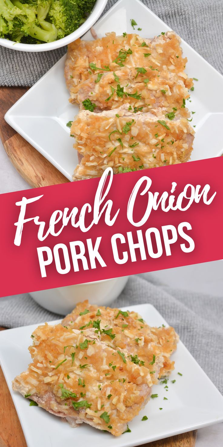 french onion pork chops with broccoli in the background and text overlay