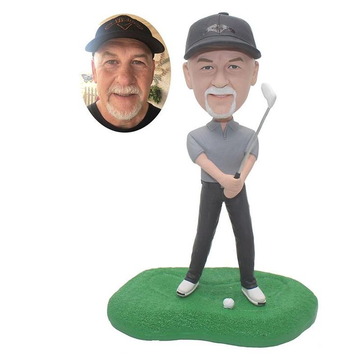 a bobble head with a golf player on it's face and an image of a man holding a golf club