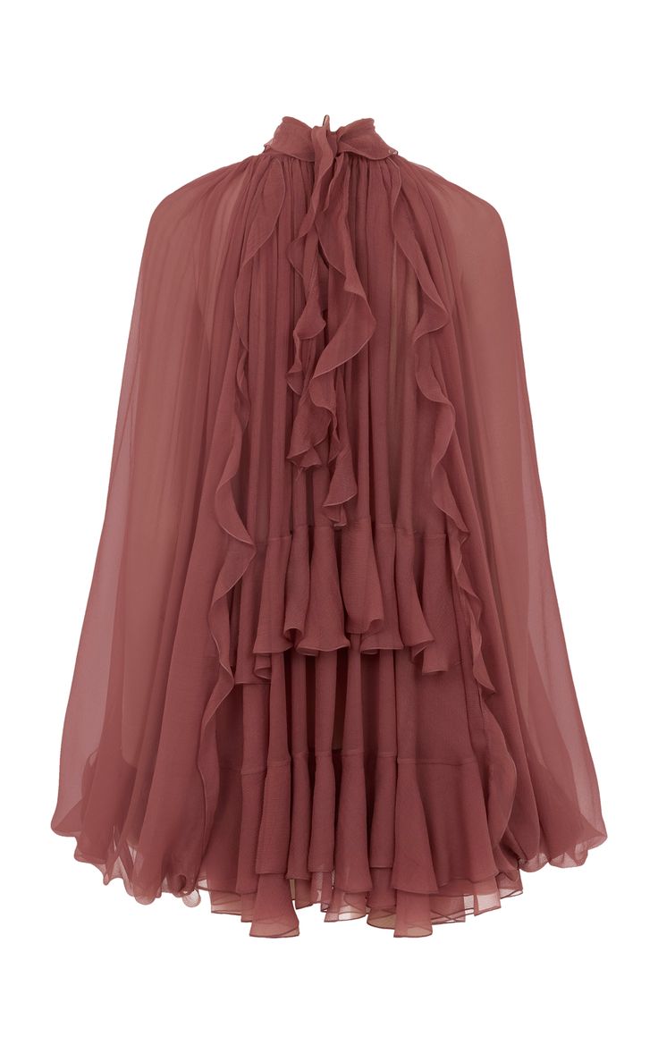 Ruffled Silk Mini Cape Dress By Chloé | Moda Operandi Flowy Chiffon Blouse With Ruffles, Chic Ruffled Silk Chiffon Blouse, Red Chic Chiffon Blouse, Chic Red Chiffon Blouse, Tiered Ruffle Mini Dress, Knitwear Fashion, Silk Mini Dress, Chiffon Shirt, Tops Fall