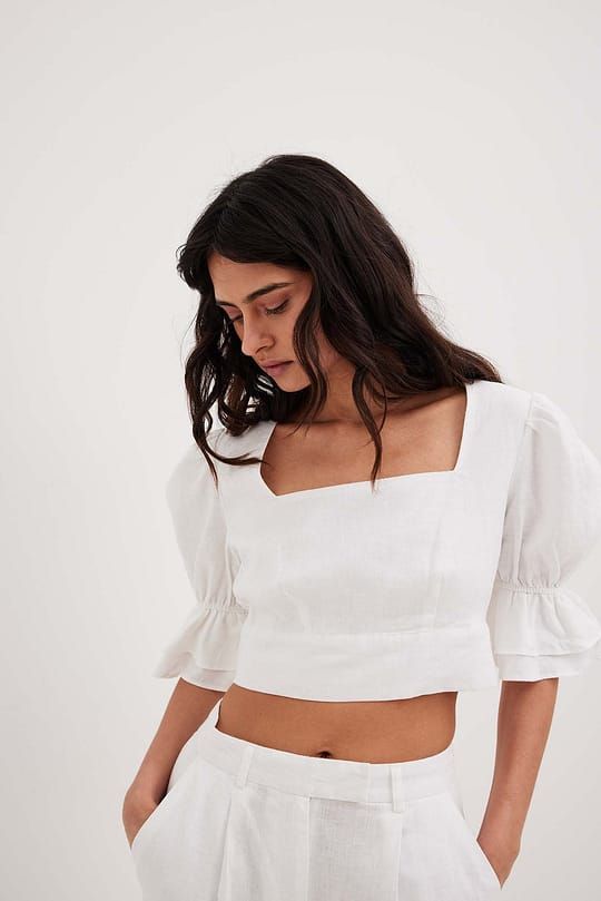 Linen Tie Back Top White | NA-KD Tie Back Top, Na Kd, Tie Backs, Tie Back, Square Neckline, Crop Tops Women, Open Back, Crop Top, Short Sleeves