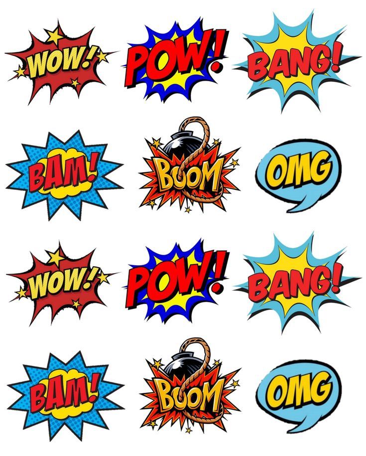 comic speech bubbles with the words pow, bang, boom and omg on them