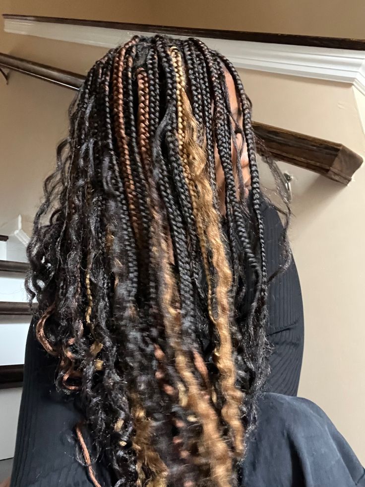 Box Braid Brown And Black, Black Braids Brown Highlights, Dark And Light Brown Braids, Braids Brown Highlights, Black And Brown Bohemian Knotless Braids, Black Box Braids With Brown Highlights, Dark Brown Braids With Highlights, Box Braids With Color Highlights, Box Braids Black And Brown