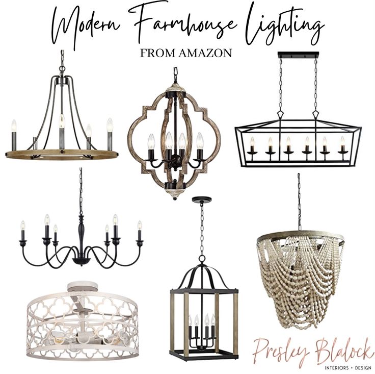 an assortment of chandeliers with the words modern farmhouse lighting from amazon