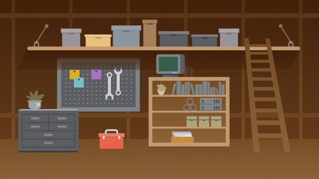 a room with shelves and tools in it