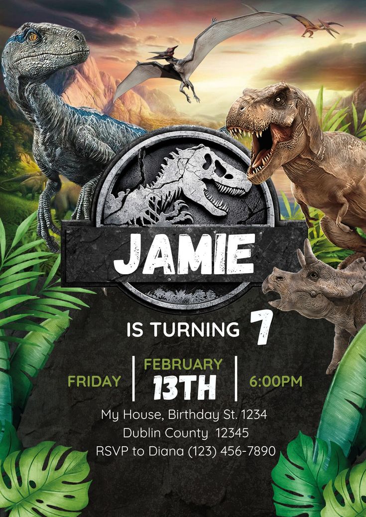 a dinosaur birthday party with an image of two dinosaurs on the front and one in the back