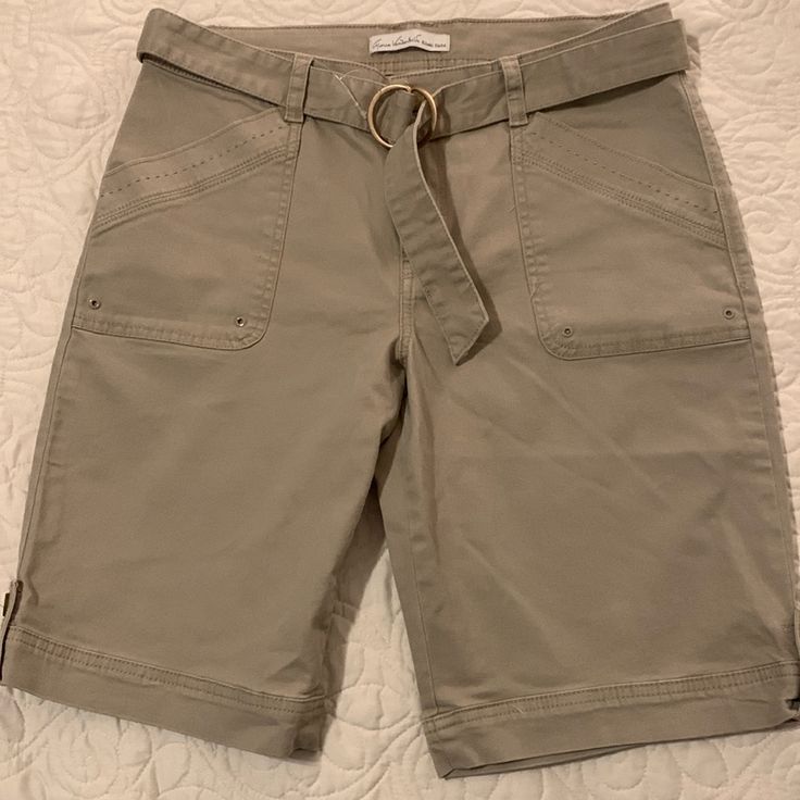 Cargo Style Bermuda Length Mid Weight Cotton Shorts With A Little Stretch. Comes With Belt Still Attached. Perfect Condition. Never Worn. Lots Of Detail On Pockets And Hem. Size 6. Color Khaki. Measurements In Pics. Will Consider Offers. Casual Short-length Capris With Pockets, Casual Short Length Capris With Pockets, Casual Short Capris With Pockets, Utility Style Bermuda Bottoms For Spring, Utility Bermuda Bottoms For Spring, Spring Bermuda Utility Bottoms, Spring Utility Bermuda Bottoms, Casual Bermuda Bottoms With Belt Loops, Utility Style Short Pants With Belt Loops