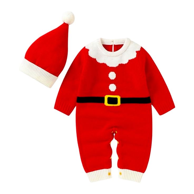 Adorable Baby Santa Claus Outfit - This Festive Baby Romper Set Includes A Cozy Red Santa Suit With White Button Details, A Black Belt Graphic, And A Matching Santa Hat. Perfect For Holiday Photos And Keeping Your Little One Warm And Stylish During The Christmas Season! Bust: 22.1 Inches Length: 24.4 Inches Baby Knitted Christmas Sweater Romper Crew Neck Long Sleeve Button Jumpsuit With Hat Set Baby Santa Claus, Knit Onesie, Santa Claus Outfit, Baby Santa, Sweater Romper, Santa Suit, Santa Suits, Hat Set, Santa Baby