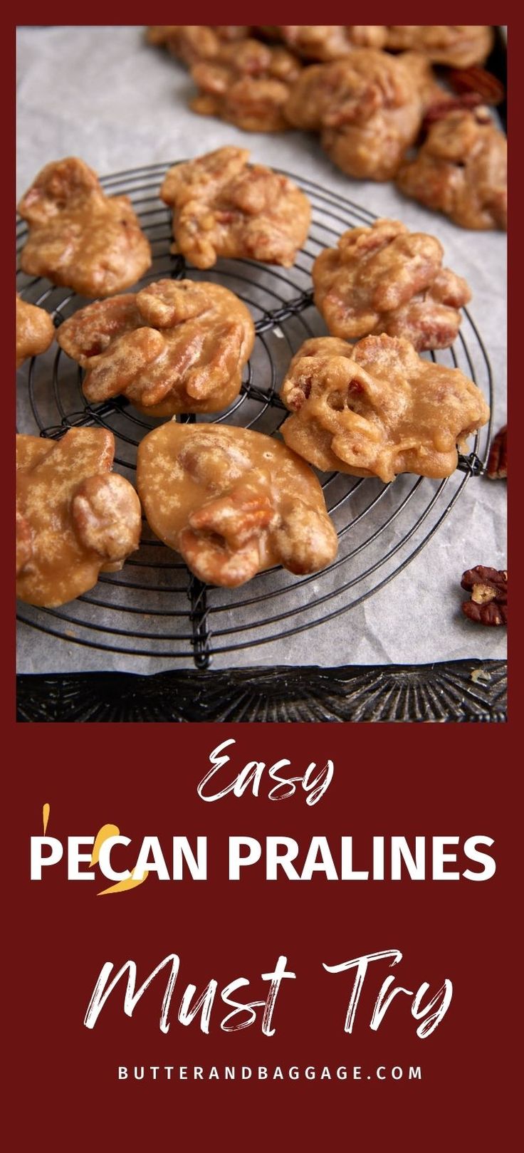 some cookies are on a wire rack with the words easy pecan pralies must try