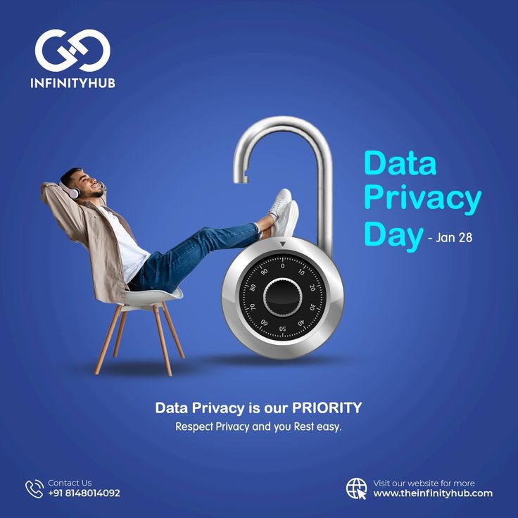 a man laying on top of a chair next to a computer pad with the words data privacy day