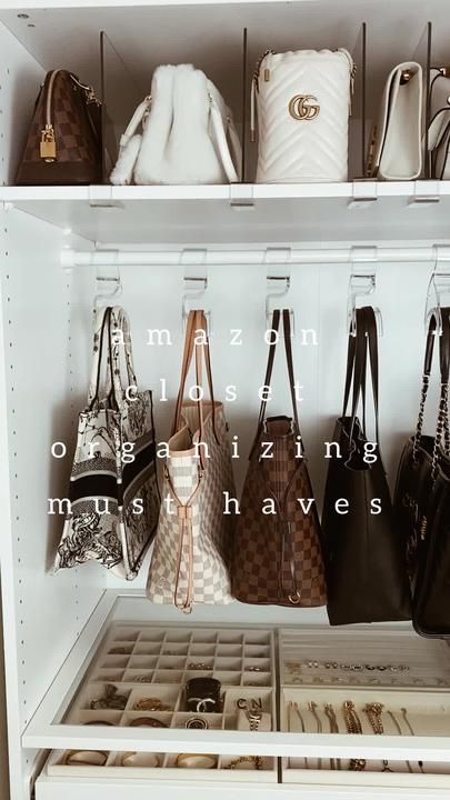 several purses and handbags are on shelves in a closet, with the words'm i z n d e l s amazing organizing must have