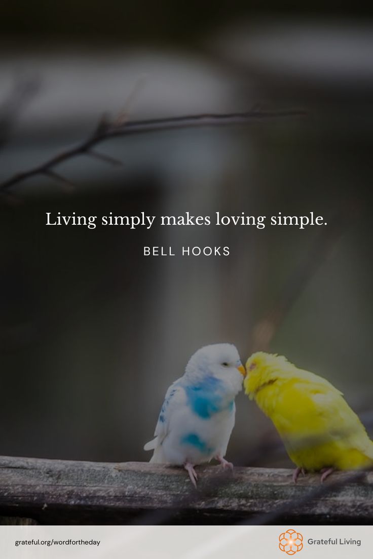 two small birds sitting next to each other on top of a tree branch with a quote about living simply makes loving simple