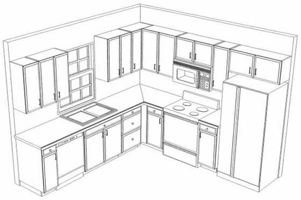 a drawing of a kitchen with an oven, sink and refrigerator in it's corner