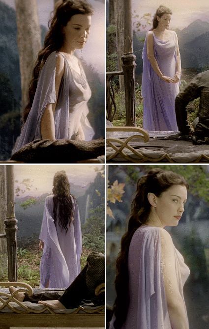 four different pictures of a woman dressed in purple and wearing a white dress with long sleeves