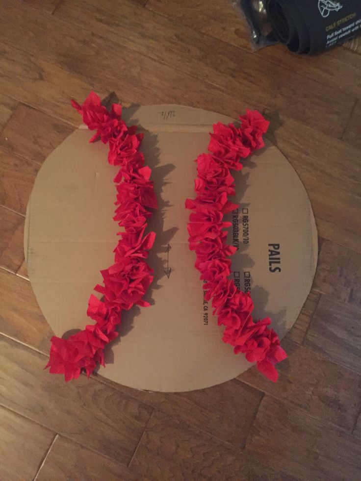 two pieces of cardboard with red ruffles on it sitting on top of a hard wood floor