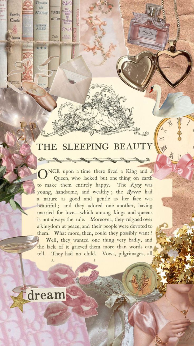 a collage of pink and gold items with the words sleeping beauty written in it