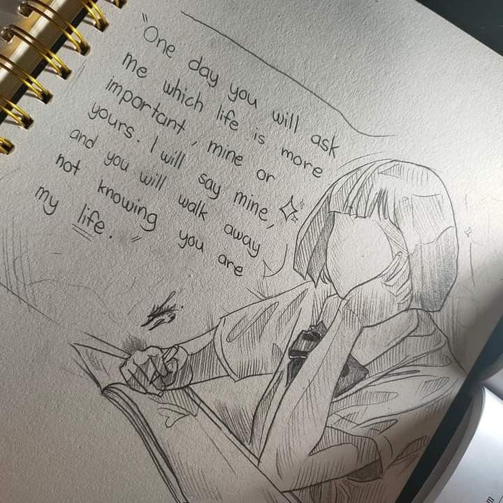 a drawing of a person sitting in front of a notepad with writing on it