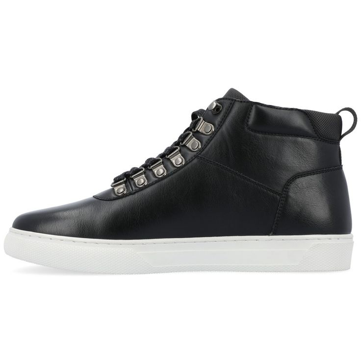 A comfy and cool look you'll want to sport every day the Oriz sneaker by Vance Co. This high-top style features an adjustable lace-up closure and soft vegan leather for a soft fit. A durable rubber sole lined with a 6 mm Tru Comfort Foam� grounds this fresh look. High Top Sneaker, Black 13, Fresh Look, Wedge Sneaker, Mens Shoes Sneakers, Sneakers Black, High Top, High Top Sneakers, High Tops