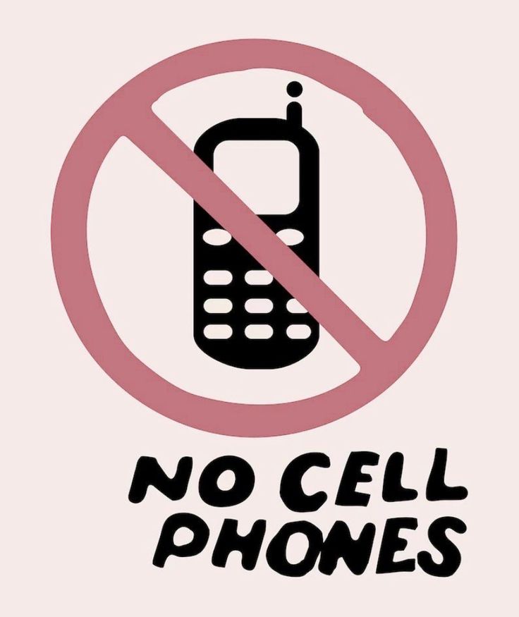 a sign that says no cell phones in front of a pink circle with the words, no cell phones