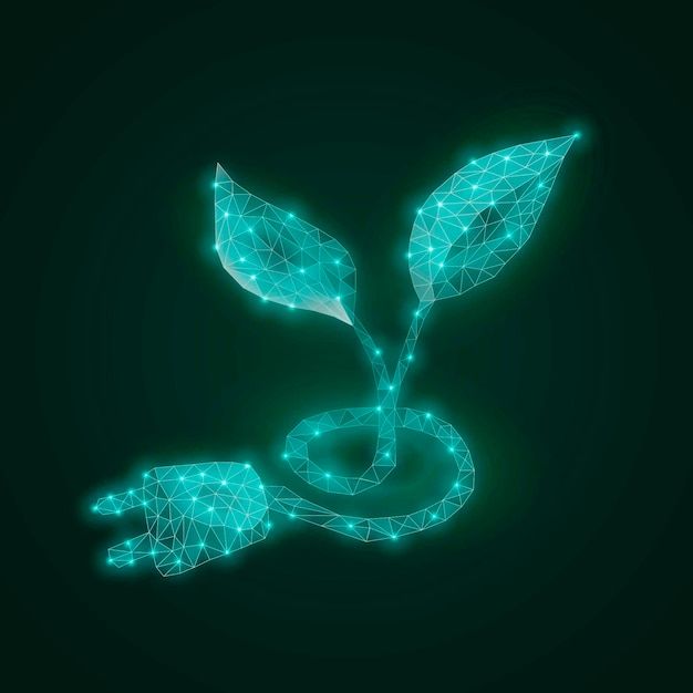 two hands are holding a plant with glowing green leaves on the dark background, and there is