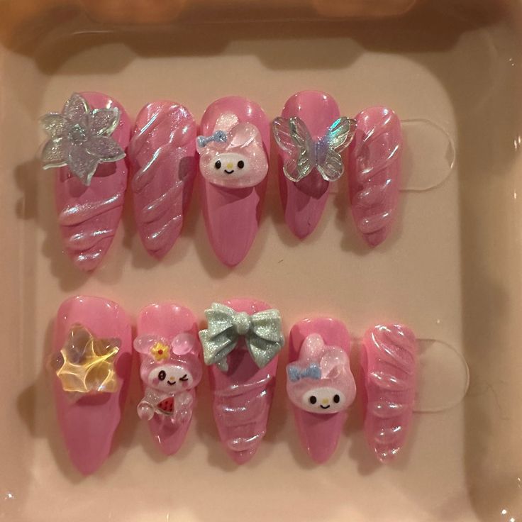 Handmade My Melody Gel Press On Nails! Comes With Cuticle Pusher, Nail Glue, And Nail File. Reusable If Applied Correctly! Dm If You Need Custom Sizing Pressons Nails, Hello Kitty Nails Art, Kitty Nails, Gel Press On Nails, Hello Kitty Nails, Gel Press, Cuticle Pusher, Nail Glue, My Melody