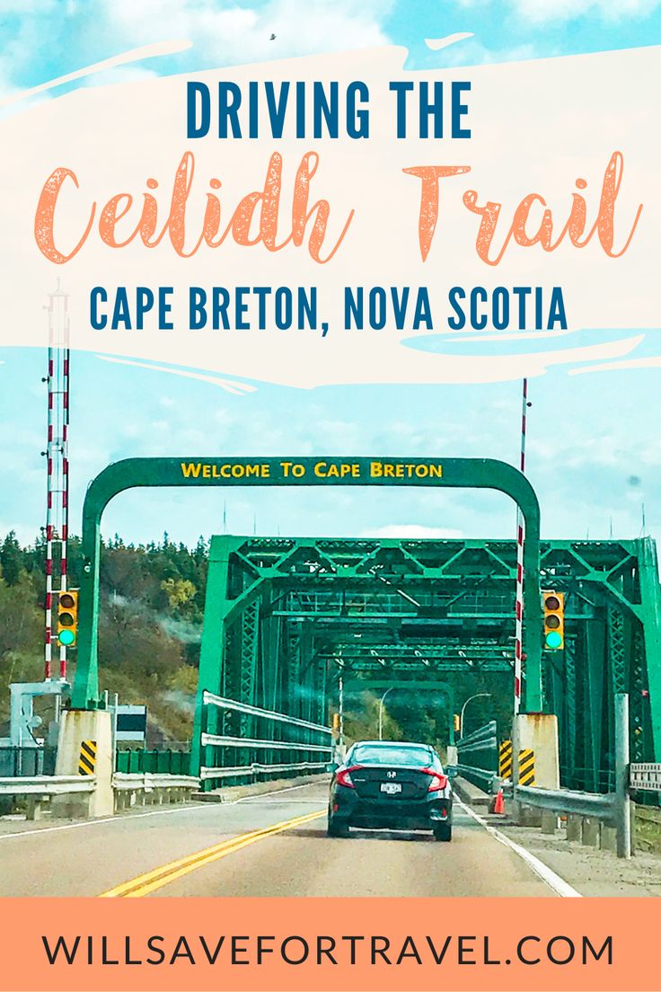 a car driving over a bridge with the words driving the ceilidi trail cape breton,