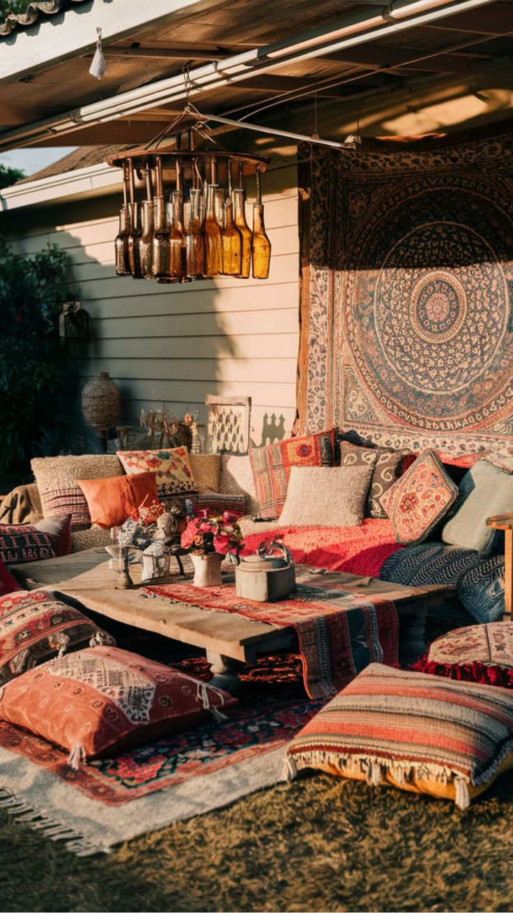 an outdoor patio with lots of pillows and blankets