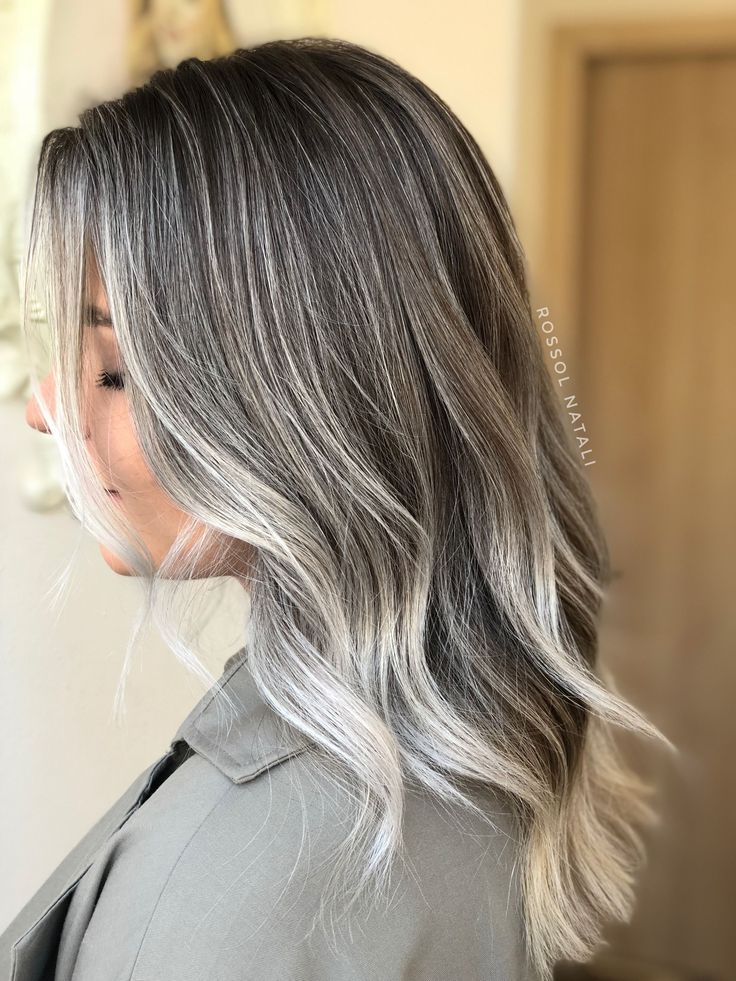 Blend Grey Roots With Brown Hair, Dark Gray Blonde Hair, Blonde And Grey Balayage, Natural Gray Balayage, Ash Hilights Brown Hair, Balayage With Grey Roots, Mushroom Gray Hair Color, Gray Bayalage Hair, Silver Hair Highlights Brown Brunettes