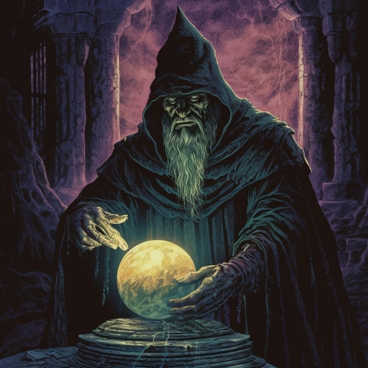 an old wizard holding a glowing orb in his hands